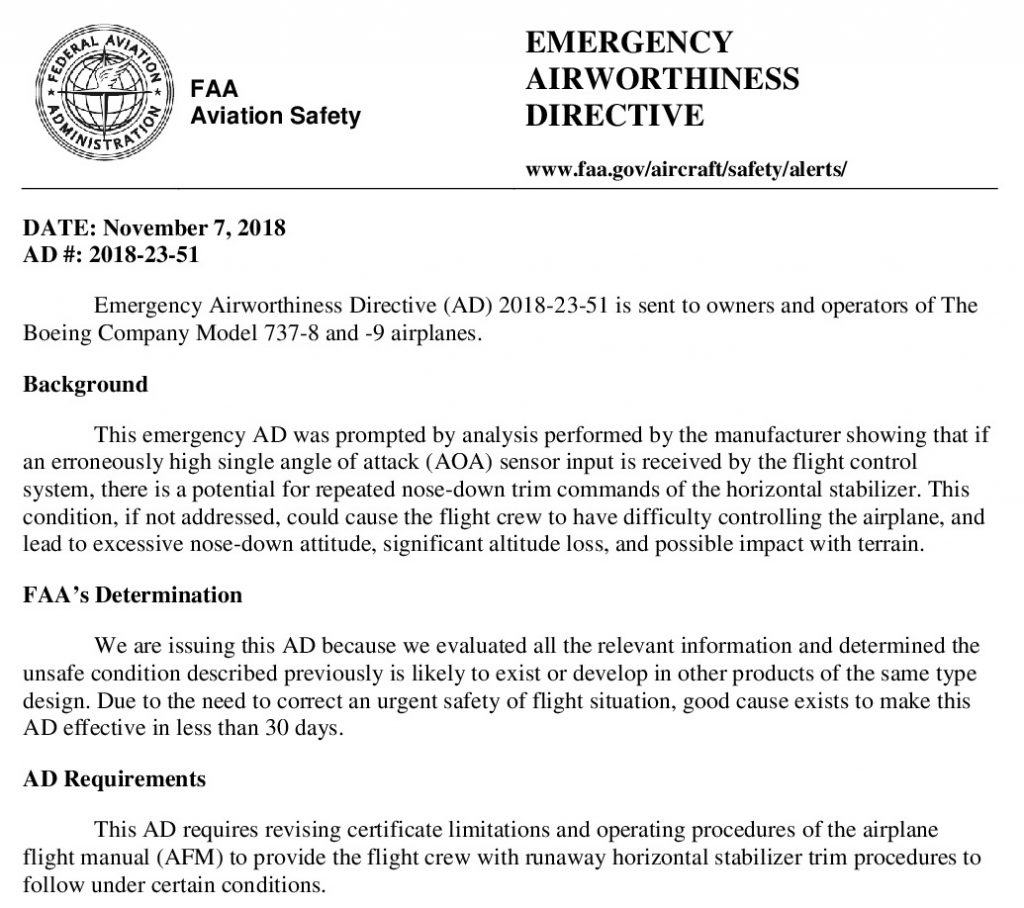 FAA issued an Emergency Airworthiness Directive for Boeing